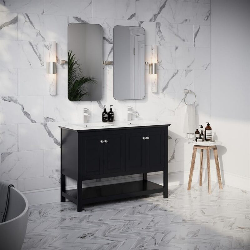 Manchester 48" Black Traditional Double Sink Bathroom Vanity with Mirrors