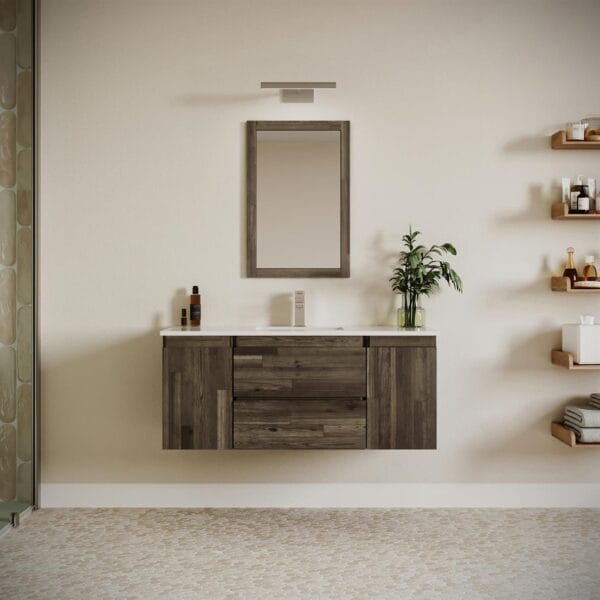 Modern bathroom with wooden vanity.
