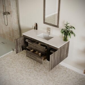 Modern bathroom vanity with open drawers.