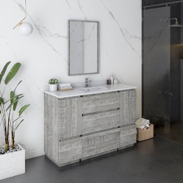 Modern bathroom vanity with sleek design.