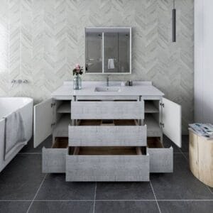 Modern bathroom vanity with open drawers