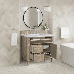 Elegant bathroom vanity with storage.