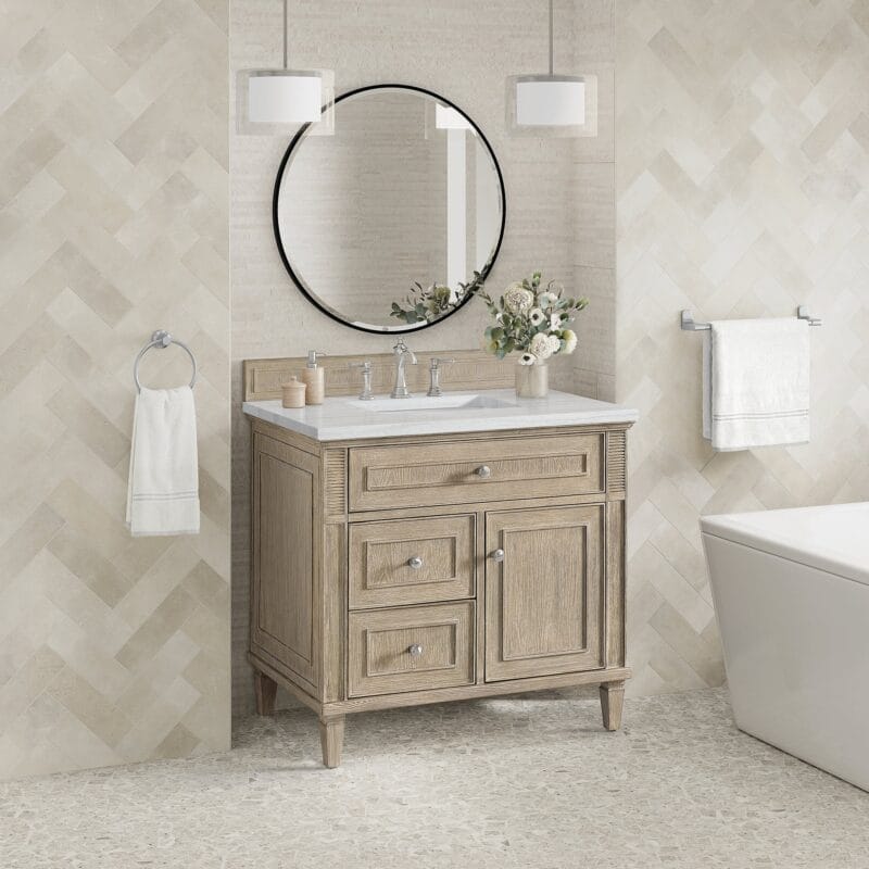 Elegant bathroom vanity with round mirror