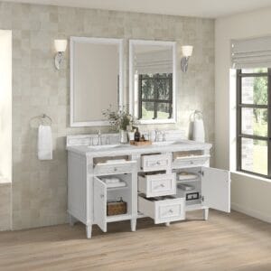 Elegant white double vanity with mirrors.