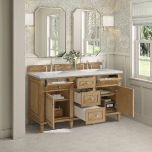 Elegant double vanity with natural oak.