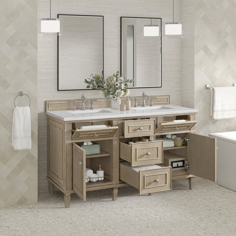 Elegant double vanity with storage options.