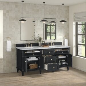 Elegant black vanity with modern lighting.