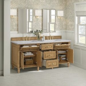Elegant double vanity with storage options.