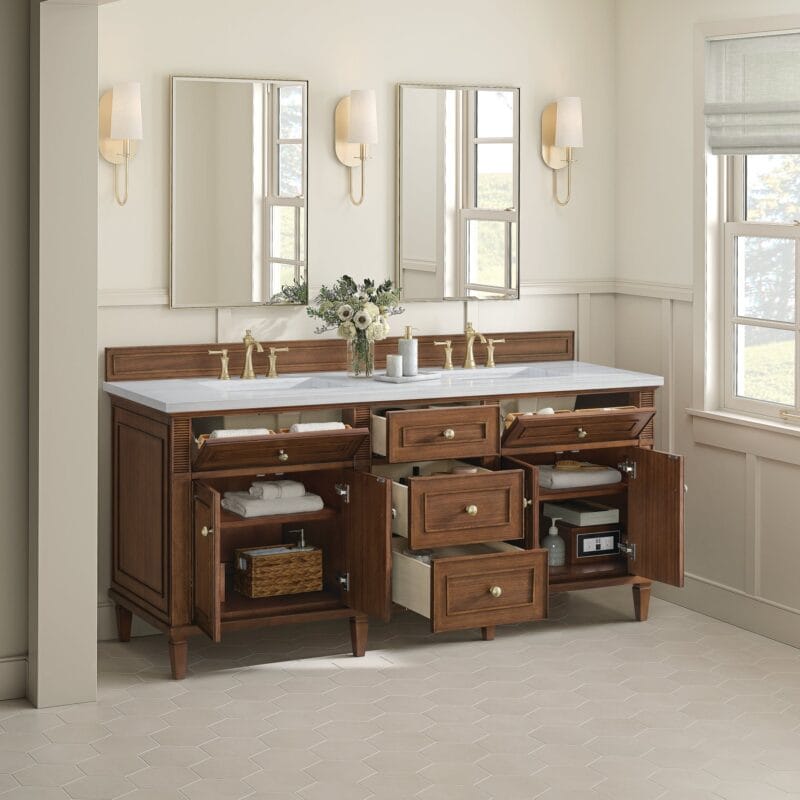Elegant double vanity with storage.