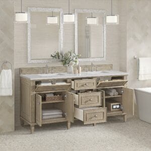 Elegant double vanity with storage options.