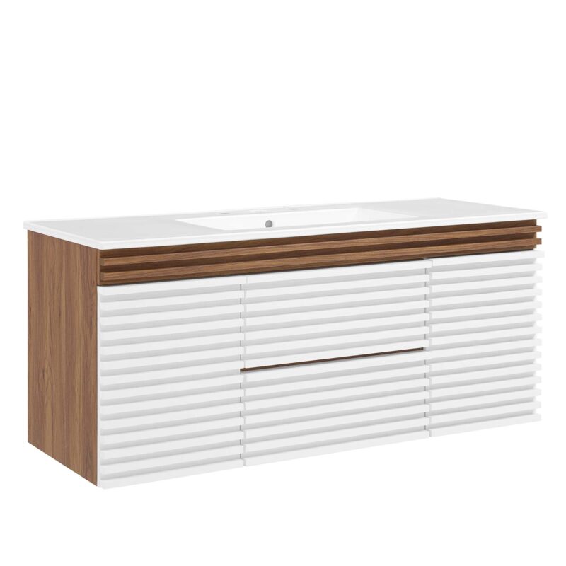 Render 48″ Wall-Mount Bathroom Vanity, Single Sink, White / Walnut / White