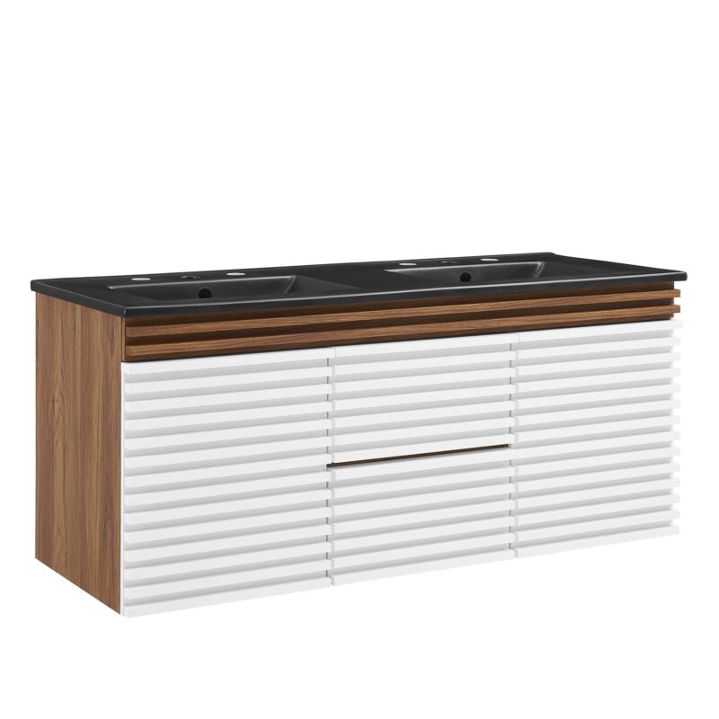 Render 48″ Wall-Mount Bathroom Vanity, Double Sink, White / Walnut / Black