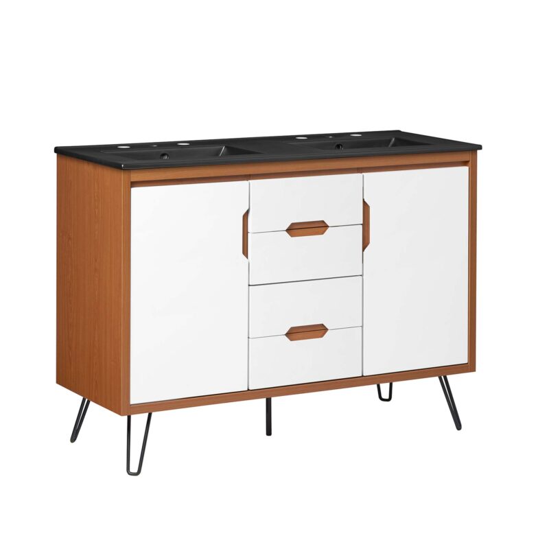 Energize 48″ Double Sink Bathroom Vanity, with Drawers, Cherry / White / Black
