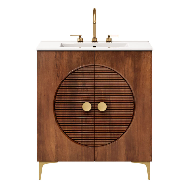 Vernon 30″ Fluted Wood Vanity Cabinet With Sink, Walnut / White
