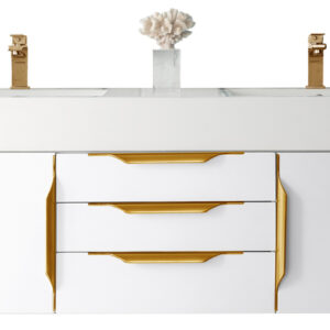 Columbia 59" Double Wall Mount Vanity, Glossy White, Radiant Gold w/ Glossy White Composite Stone Top