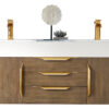Columbia 59" Double Wall Mount Vanity, Latte Oak, Radiant Gold w/ Glossy White Composite Stone Top