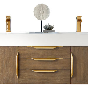 Columbia 59" Double Wall Mount Vanity, Latte Oak, Radiant Gold w/ Glossy White Composite Stone Top