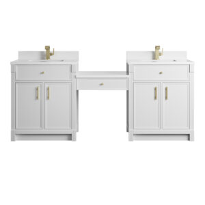 Bellshire 84" Dual Vanity Set with 24" Make-Up Counter, Bright White w/Single Hole 3 cm White Zeus Silestone Top & Backsplash