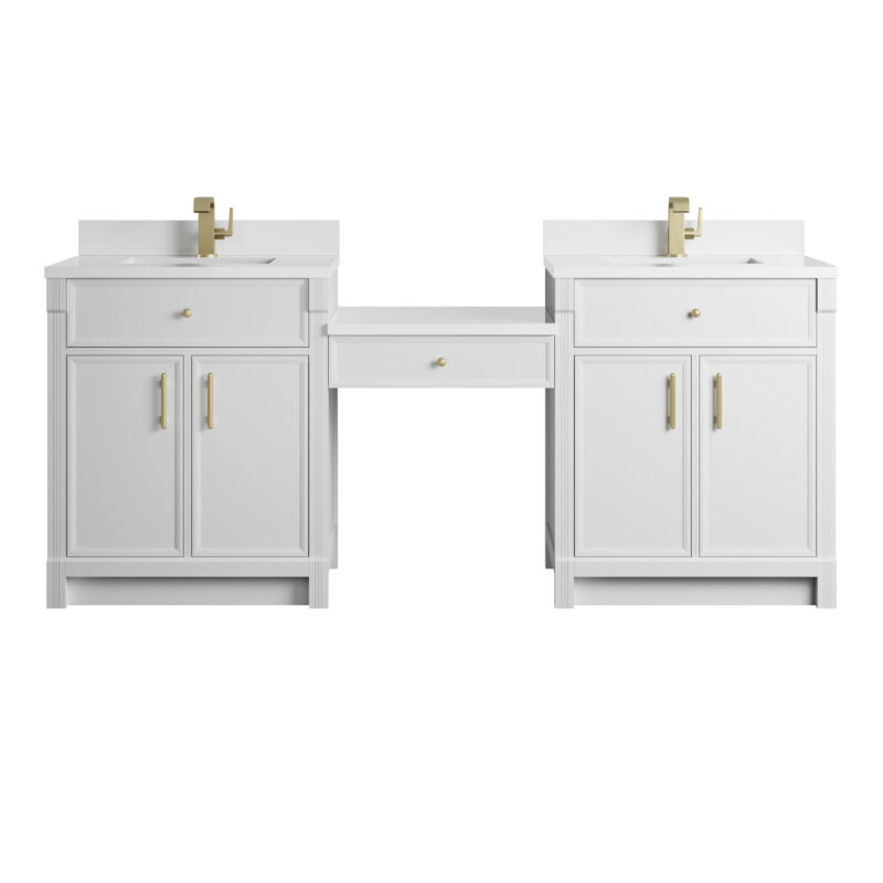 Bellshire 84" Dual Vanity Set with 24" Make-Up Counter, Bright White w/Single Hole 3 cm White Zeus Silestone Top & Backsplash