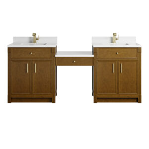 Bellshire 84" Dual Vanity Set with 24" Make-Up Counter, Honey Oak w/Single Hole 3 cm White Zeus Silestone Top & Backsplash