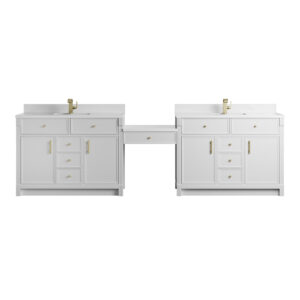 Bellshire 120" Dual Vanity Set with 24" Make-Up Counter, Bright White w/Single Hole 3 cm White Zeus Silestone Top & Backsplash