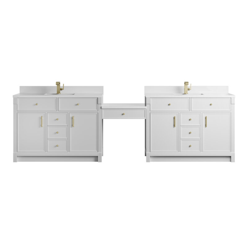 Bellshire 120" Dual Vanity Set with 24" Make-Up Counter, Bright White w/Single Hole 3 cm White Zeus Silestone Top & Backsplash