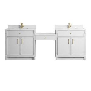 Bellshire 96" Dual Vanity Set with 24" Make-Up Counter, Bright White w/Single Hole 3 cm White Zeus Silestone Top & Backsplash