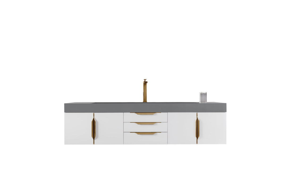 Mercer Island 72" Single Vanity, Glossy White, Radiant Gold w/ Dusk Grey Glossy Composite Stone Top