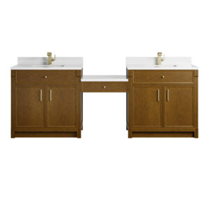 Bellshire 96" Dual Vanity Set with 24" Make-Up Counter, Honey Oak w/Single Hole 3 cm White Zeus Silestone Top & Backsplash