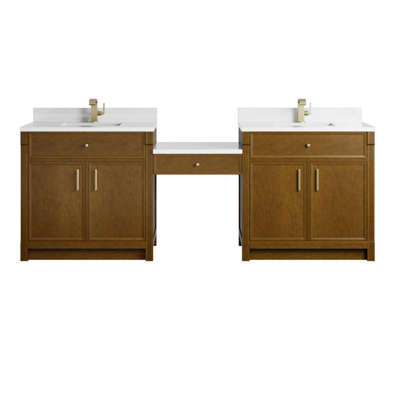 Bellshire 96" Dual Vanity Set with 24" Make-Up Counter, Honey Oak w/Single Hole 3 cm White Zeus Silestone Top & Backsplash